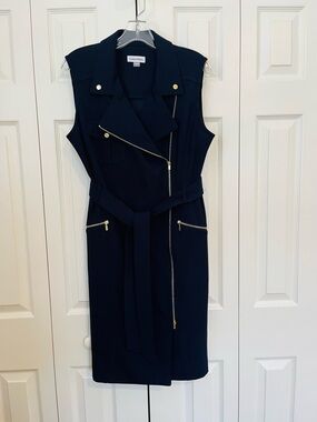 Calvin Klein Sleeveless Navy Moto-Inspired Belted Dress with Gold Hardware